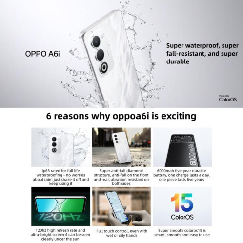 OPPO A6i 5G, 6 Go + 128 Go, lecteur d'empreintes digitales latéral, 6,67 pouces, ColorOS 15, Android 15, Dimensity 6300 Octa Core, réseau : 5G (blanc) SO251W64-013